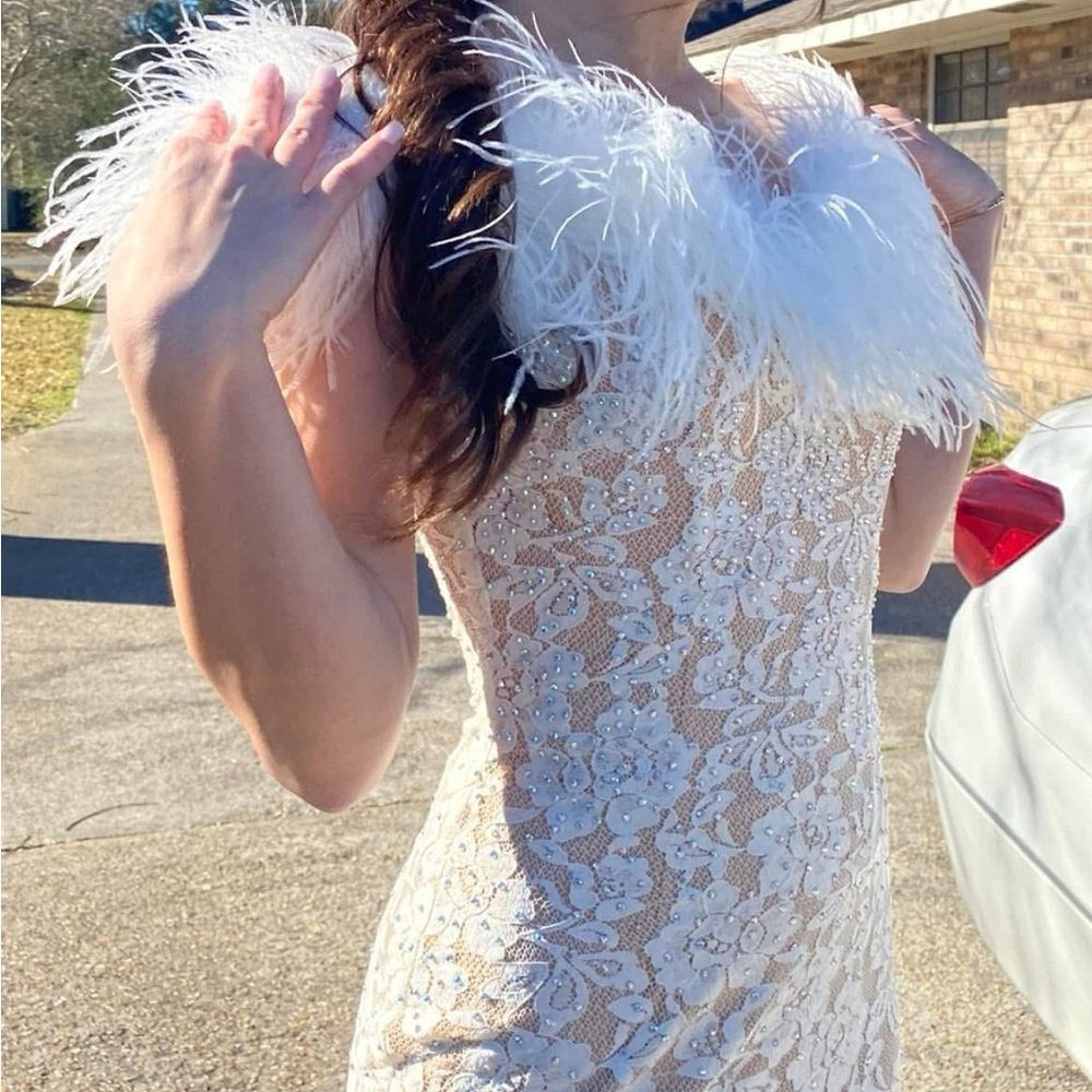 Jovani Cream Lace Prom Dress